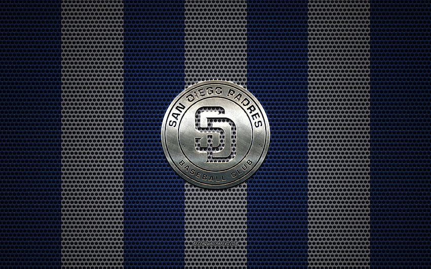 San Diego Padres logo, American baseball club, metal emblem, blue white metal mesh background, San Diego Padres, MLB, San Diego, California, USA, baseball for with resolution . High Quality HD wallpaper