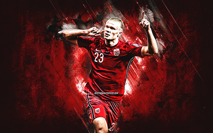 Erling Braut Haaland, norwegische Fußballnationalmannschaft, roter Steinhintergrund, Haaland-Kunst, norwegischer Fußballer, Norwegen, Fußball HD-Hintergrundbild