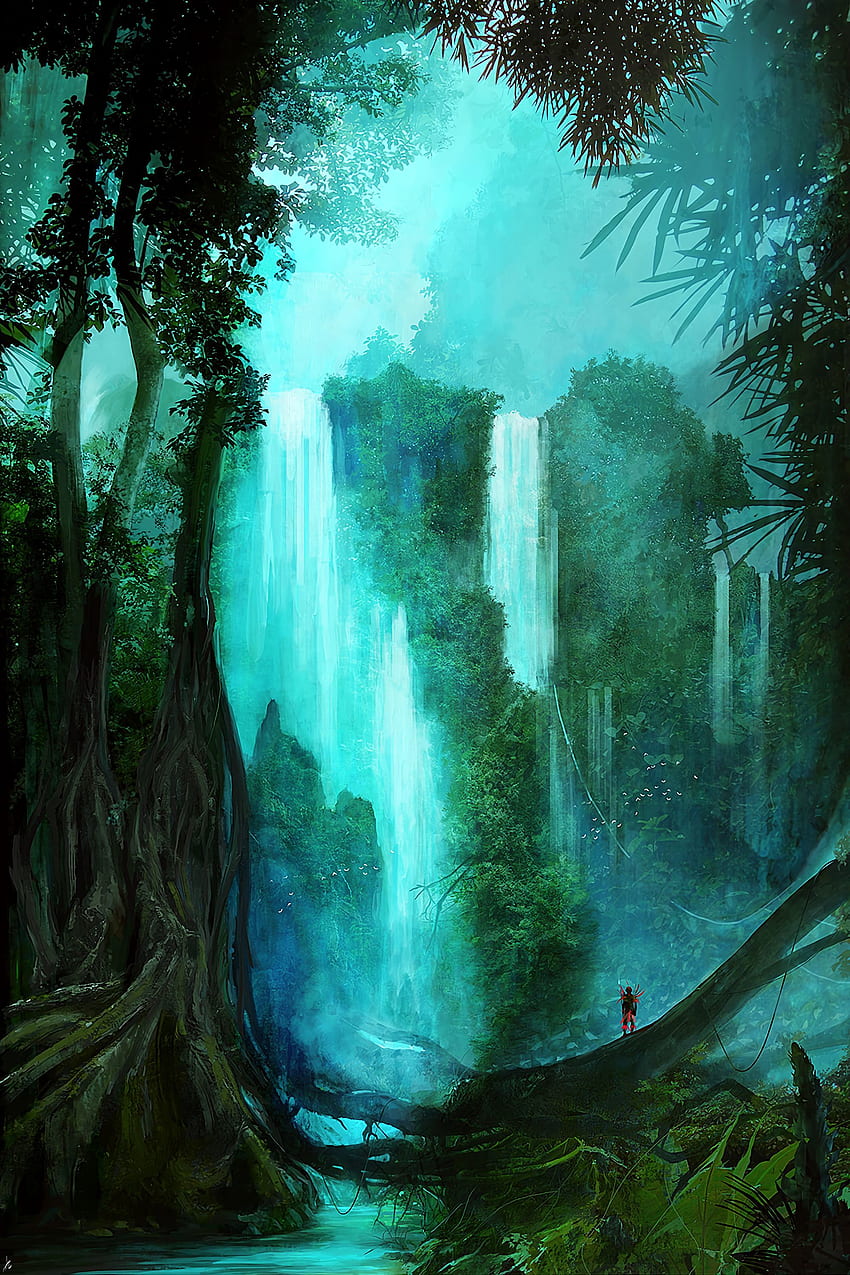 Дървета, изкуство, силует, водопад, гора HD тапет за телефон