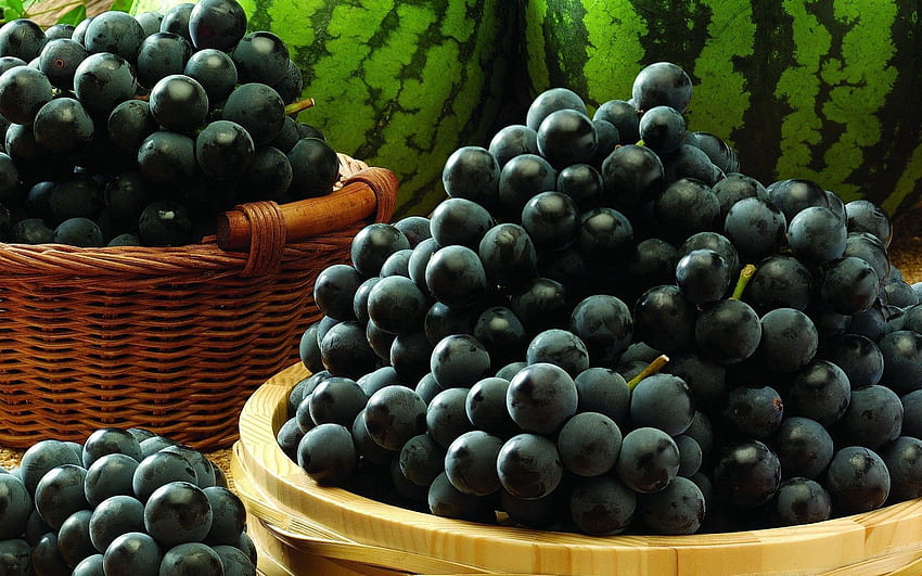 jedzenie, winogrona, arbuzy, jagody, kosz Tapeta HD
