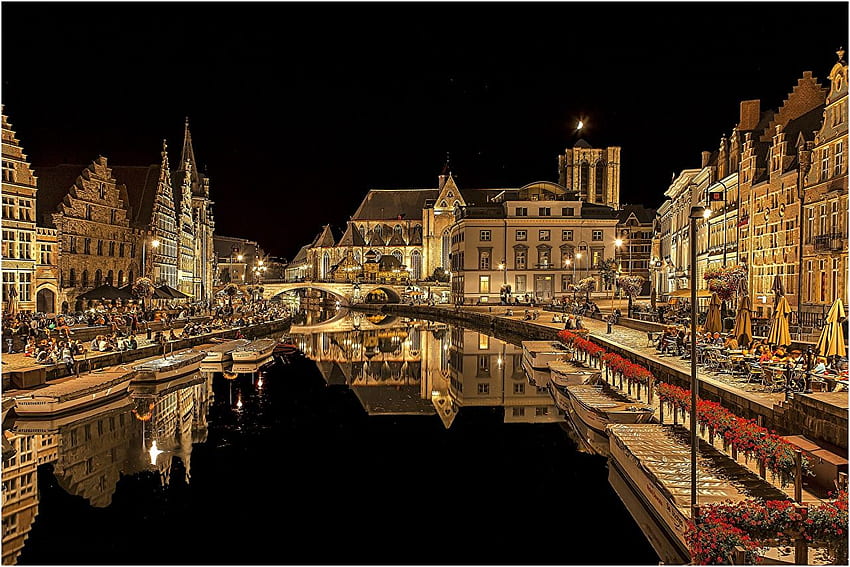 Ghent Belgium Canal Night Cities Building HD wallpaper