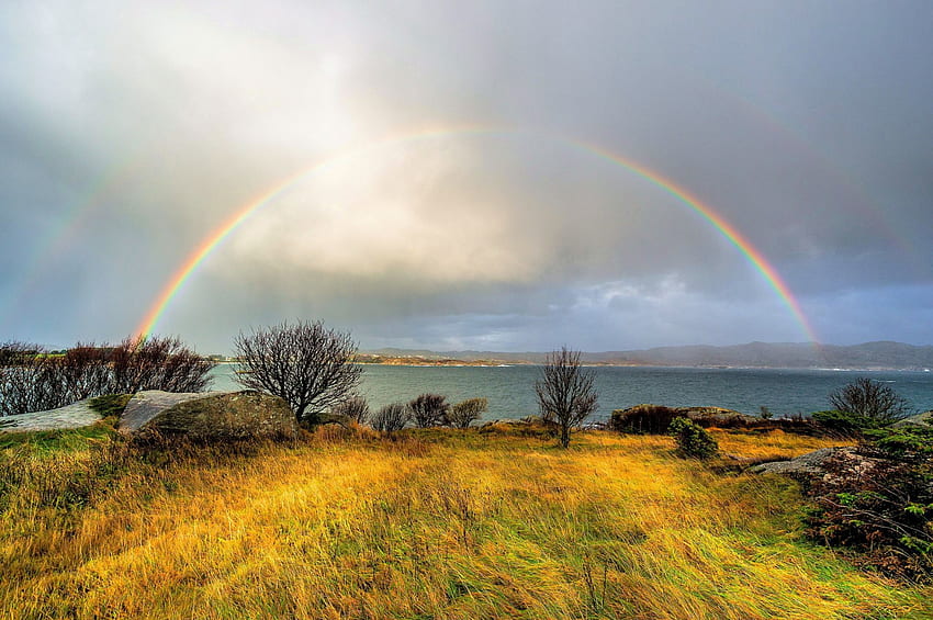 Double Rainbow, sea, hills, Norway, rainbow, clouds, sky, beautiful, grass HD wallpaper