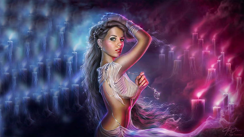 Magical Rite, blue, art, girl, beautiful, nice, woman, pink, digital, fantasy, pretty, candles, lovely HD wallpaper