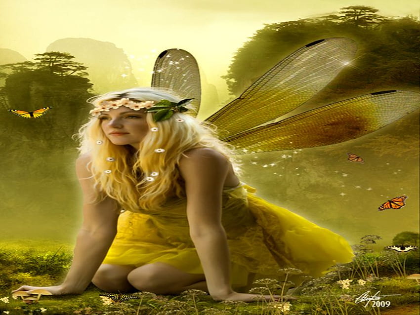 FAIRY AND BUTTERFLYS, fairy, golden, butterfly, green, female HD wallpaper