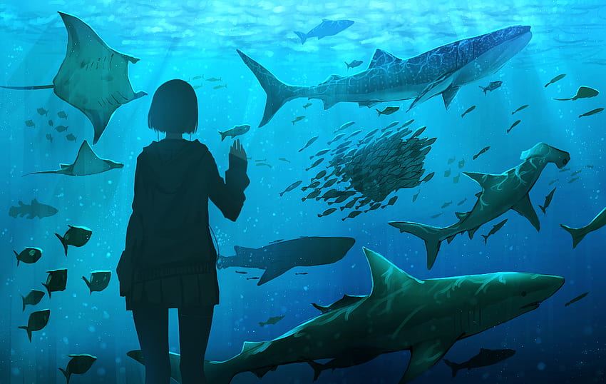 Sztuka, dziewczyna, podwodny świat, akwarium, ryby Tapeta HD