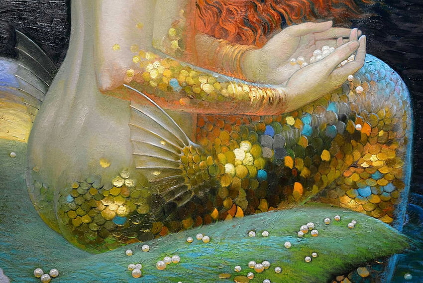 Mermaid (detail), blue, golden, mermaid, art, hand, fantasy, painting