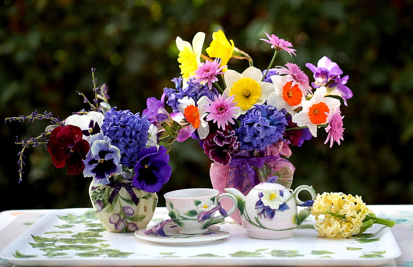 Blumen, Stiefmütterchen, Narzissen, Teeservice, Teeservice, Tablett, Vasen, Hyazinthen HD-Hintergrundbild