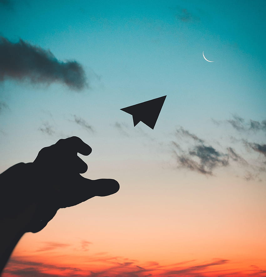 Sunset, Sky, Dark, Hand, Paper Airplane, Paper Plane HD phone wallpaper