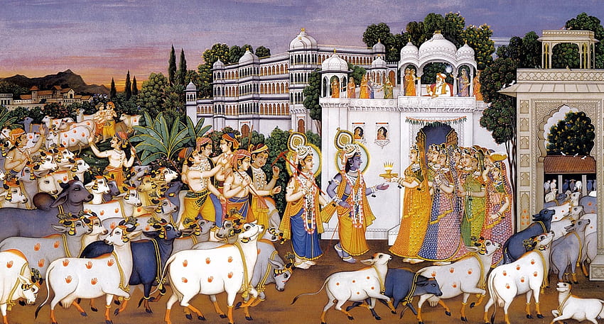 Krishna e Balaram com um rebanho de vacas - Impressão em tela por artista anônimo. Compre pôsteres, molduras, telas e impressões de arte digital. Variantes Pequeno, Compacto, Médio e Grande, Krishna Balaram papel de parede HD