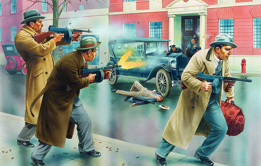 art, Chicago, artist, gangsters, Peter Dennis., submachine gun, shooting a submachine gun Tommy gun, the shootout with police, The Thompson, Bank robbery - for , section живопись, Chicago P.D. HD wallpaper