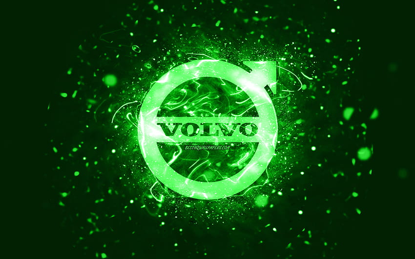 Зелено лого на Volvo, , зелени неонови светлини, творчески, зелен абстрактен фон, лого на Volvo, марки автомобили, Volvo HD тапет