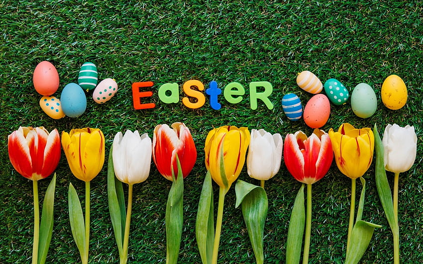 Joyeuses Pâques !, oeufs de Pâques, lettres, Pâques, fleurs, herbe, tulipes, oeufs Fond d'écran HD