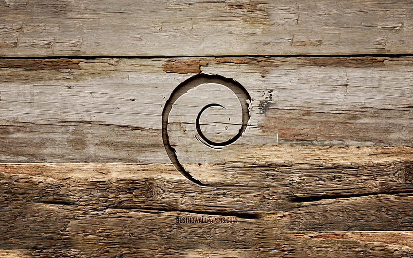 Logo kayu Debian,, Linux, latar belakang kayu, OS, logo Debian, kreatif, ukiran kayu, Debian Wallpaper HD