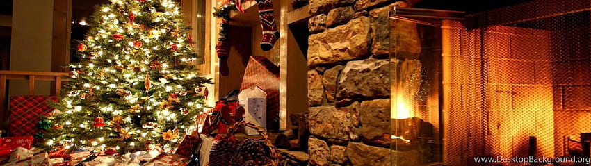 Árbol De Navidad, Adornos, Chimenea. , 3840x1080 Navidad fondo de pantalla