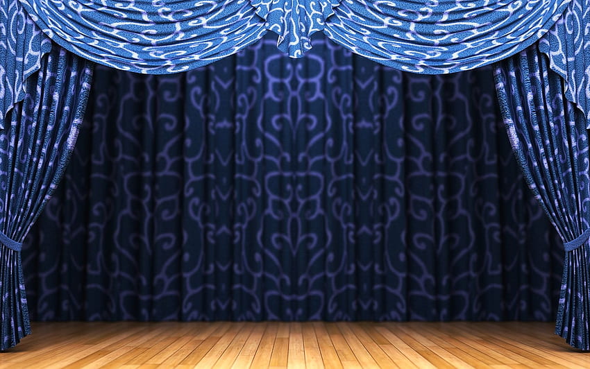 青いカーテンと舞台素材 - 高解像度の高精細舞台背景、劇場の舞台 高画質の壁紙