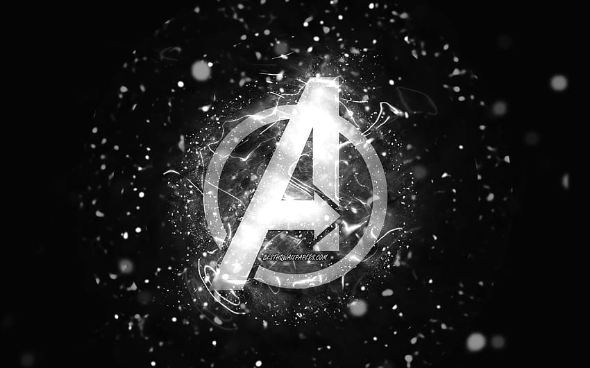 Avengers white logo, , white neon lights, creative, black abstract background, Avengers logo, superheroes, Avengers HD wallpaper