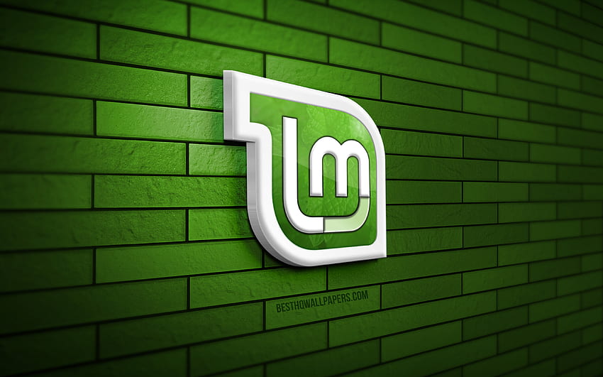 3D лого на Linux Mint Mate, , сива тухлена стена, творчески, Linux, лого на Linux Mint Mate, 3D изкуство, Linux Mint Mate HD тапет