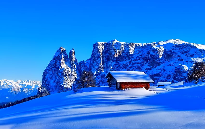 Inverno, natura, montagne, neve, vertice, cima, capanna Sfondo HD