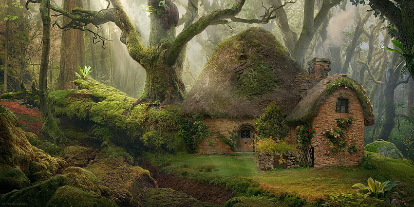 Кафява хобитова къща, къща, природа, гора, фантастично изкуство HD тапет