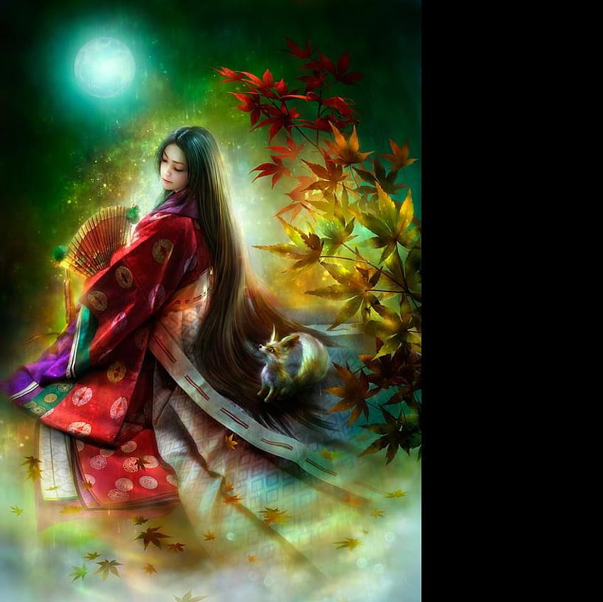 Moona, Kimono, asiatisch, Kunst, Herbst, Mädchen, Fuchs, Fächer, Mond, Herbst, Blatt, Shu HD-Hintergrundbild