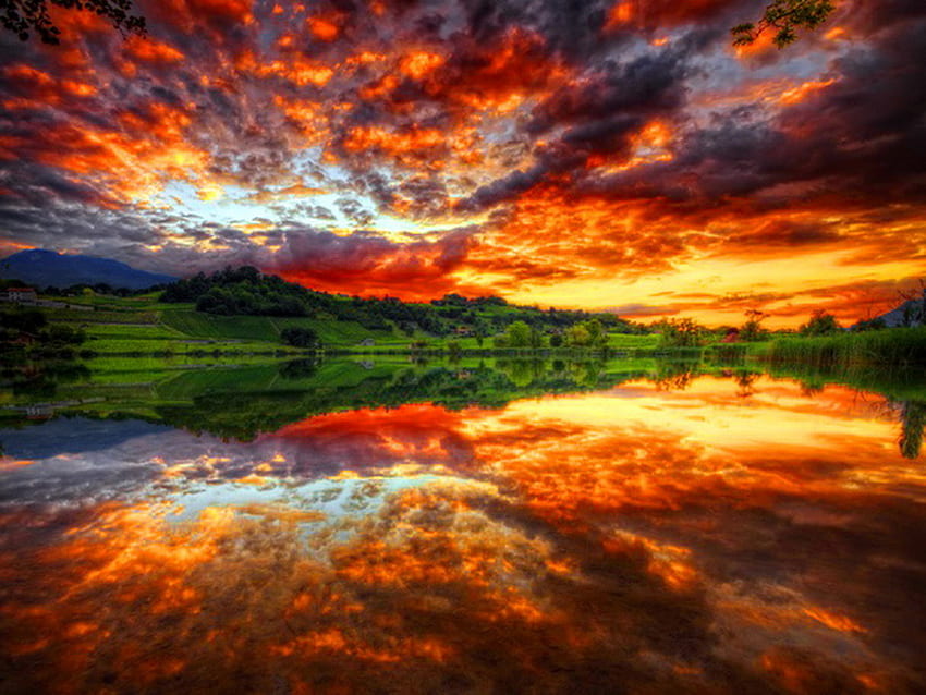Amazing sky reflection, river, sundown, peaceful, beautiful, sunrise, lake, summer, reflection, mirrored, clouds, nature, sky, water, calm, sunset HD wallpaper