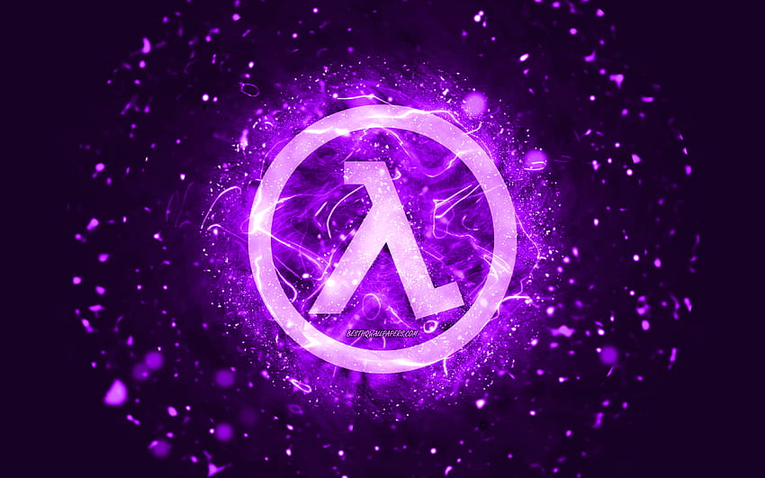 Logo Half-Life violet, , lampu neon violet, kreatif, latar belakang abstrak ungu, logo Half-Life, logo game, Half-Life Wallpaper HD