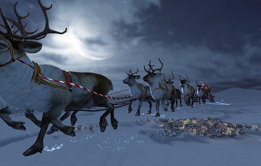 winter, snow, magic, the moon, stars, a month, Christmas Deer HD wallpaper