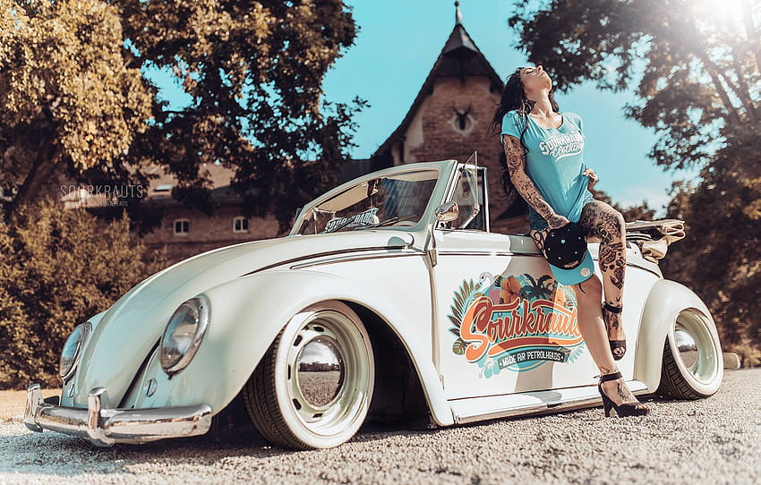 machine, girl, pose, style, mood, tattoo, convertible, car, Volkswagen Beetle for , section стиль, Vw Bug HD wallpaper