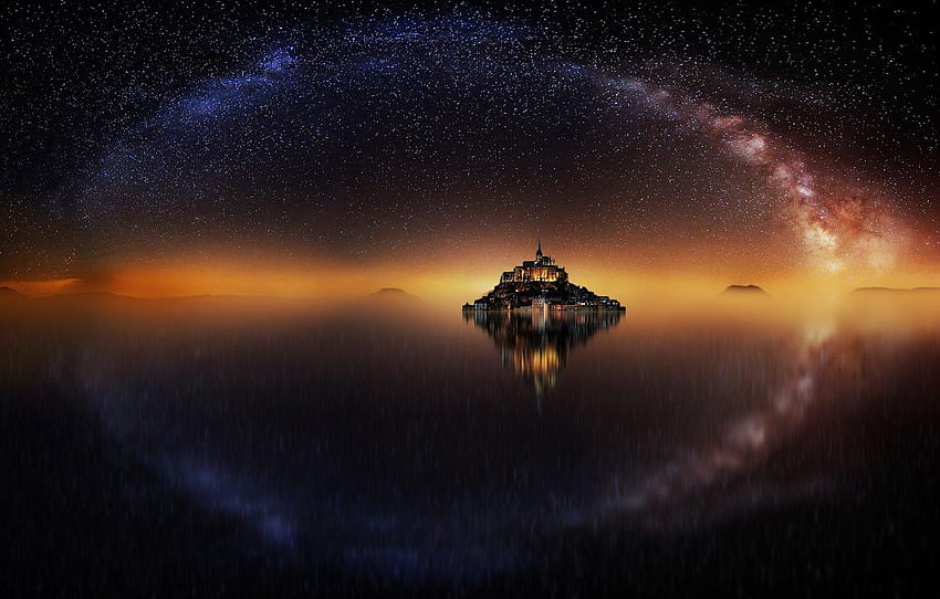 The Sky, Water, Stars, Reflection, Night, France, Island, Fortress, The Milky Way, Mont Saint Michel, The Mountain Of The Archangel Michael For , Section пейзажи HD wallpaper