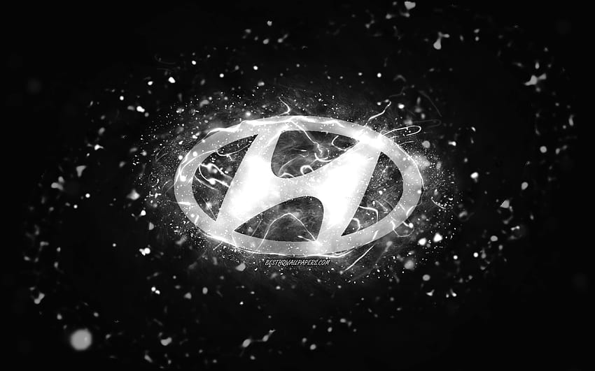 Logo blanc Hyundai, néons blancs, arrière-plan abstrait créatif et noir, logo Hyundai, marques de voitures, Hyundai Fond d'écran HD