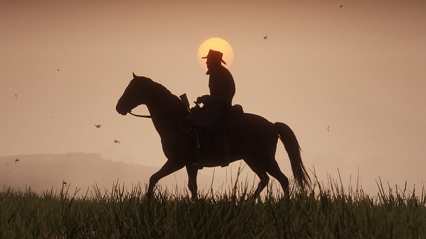 Red Dead Redemption 2, videojuego, paseo a caballo, puesta de sol fondo de pantalla
