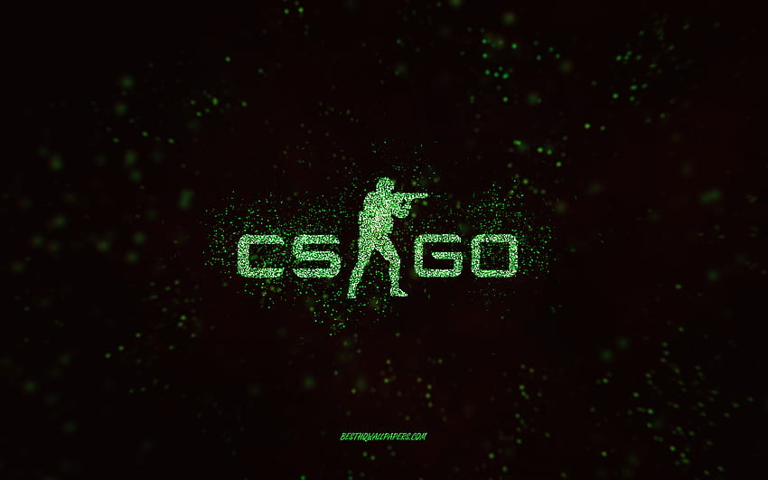 CS GO parıltılı logo, siyah arka plan, CS GO logosu, Counter-Strike, yeşil parıltılı sanat, CS GO, yaratıcı sanat, CS GO yeşil parıltılı logo, Counter-Strike Global Offensive HD duvar kağıdı