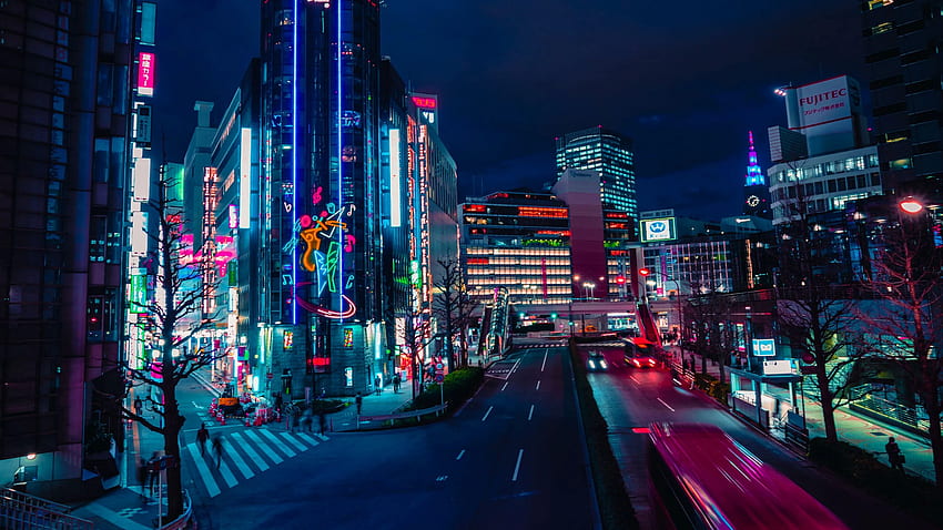 เมืองกลางคืน ถนน นีออน แสงไฟ ถนน อาคาร จอไวด์สกรีน 16:9 พื้นหลัง Japan Neon City วอลล์เปเปอร์ HD
