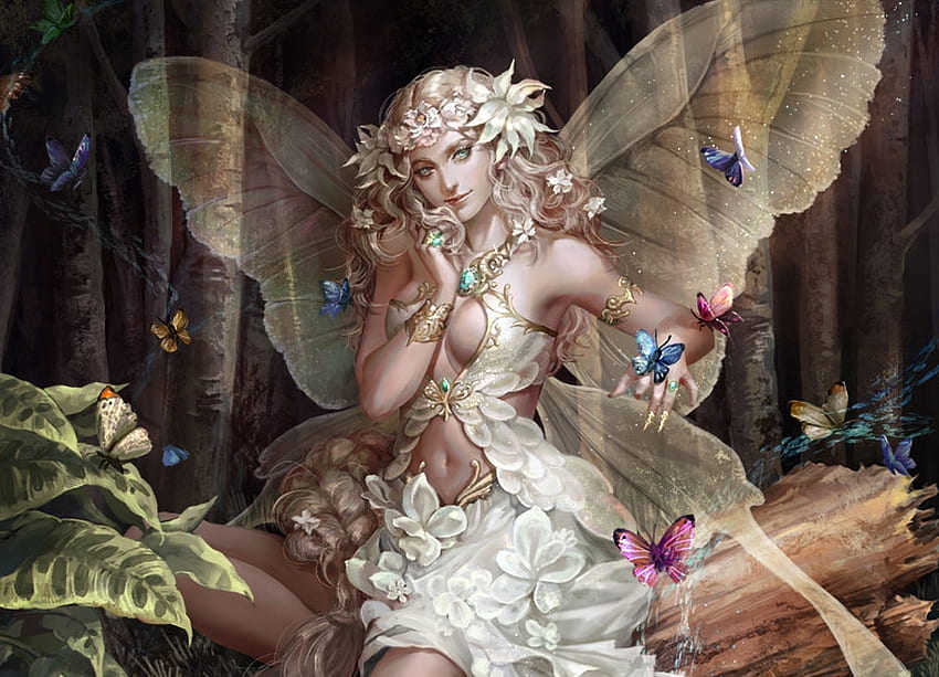 Titania, kanatlar, kız, peri, kelebek, fantezi, rakuen, luminos, orman HD duvar kağıdı