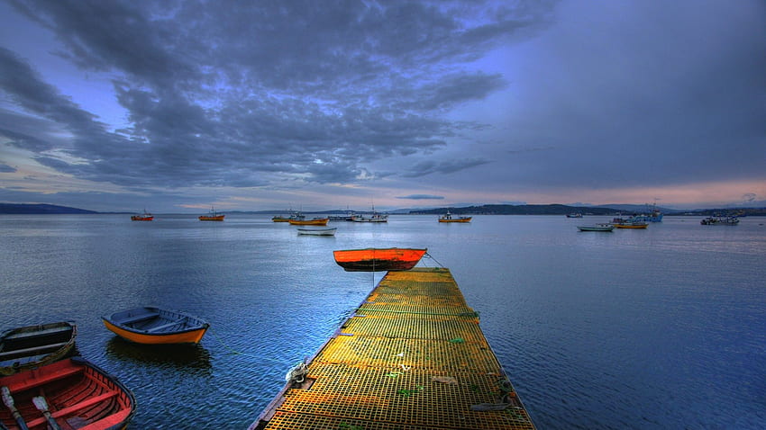 dock in a harbor full with boats at dusk, dock, dusk, harbor, boats HD wallpaper