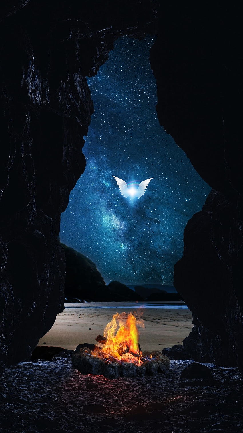 Strand bei Nacht, Atmosphäre, Hitze, Himmel, Höhle, Feuer, Kälte, Engel, Sterne HD-Handy-Hintergrundbild