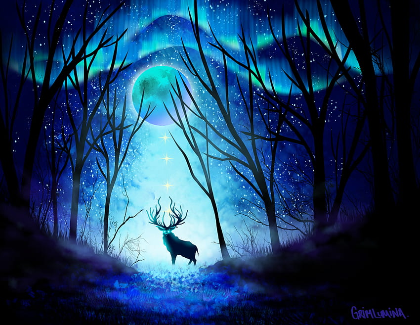 アート、夜、月、森、オーロラ、オーロラ、鹿 高画質の壁紙