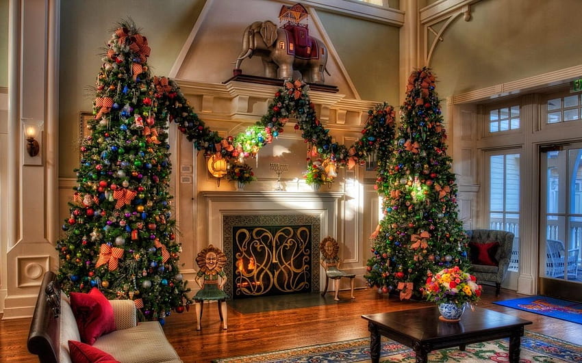 arbres de Noël, vacances, décorations, cheminée, maison, confort, intérieur grand écran 16:10 fond Fond d'écran HD