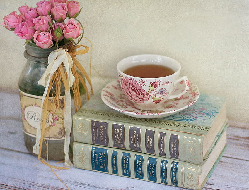 Herbaciana róża Kwiaty Filiżanka książki Spodek, czas na herbatę Tapeta HD