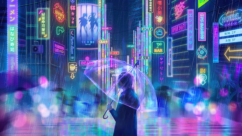 Glowing city, neon, girl with umbrella, original, artwork HD wallpaper