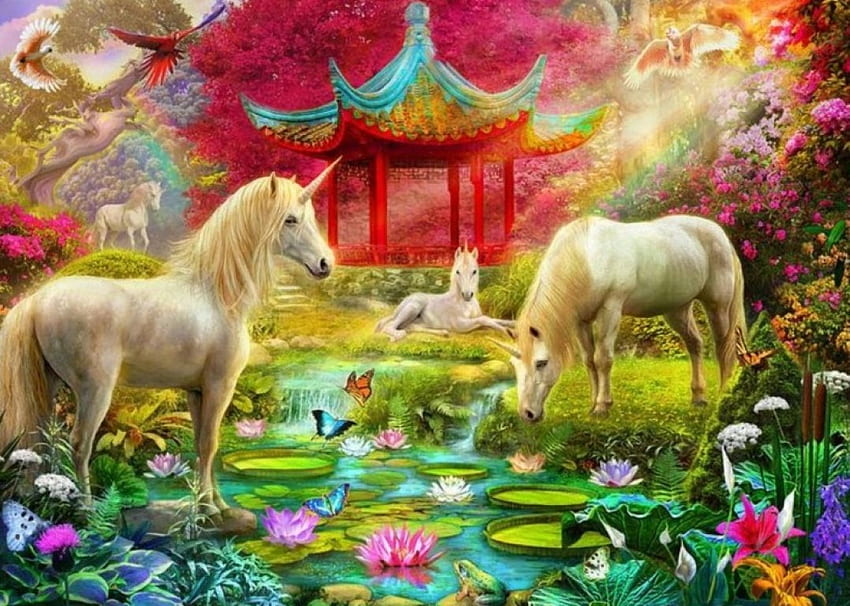 Licornes magiques, œuvres d'art, chevaux, feuilles, peinture, fleurs, belvédère, nénuphars, étang Fond d'écran HD