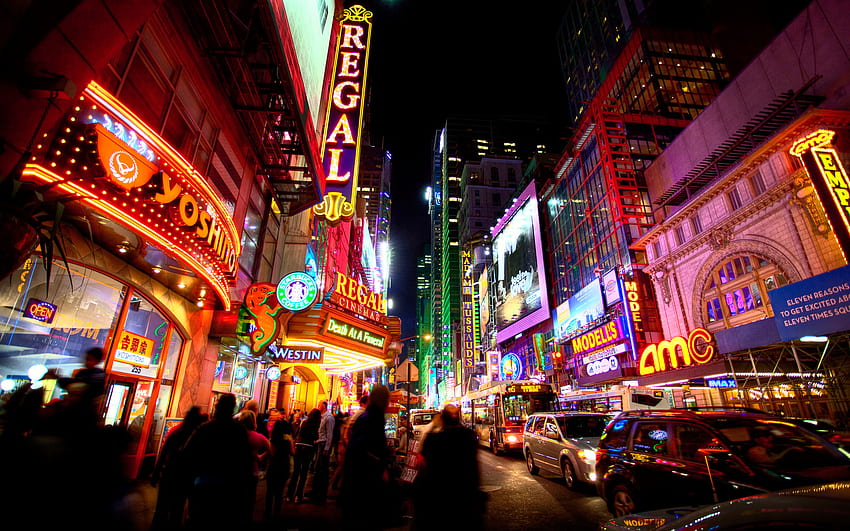 kwadrat, metropolia, noc, obszar miejski, obszar metropolitalny, punkt orientacyjny, New York Time Square Tapeta HD