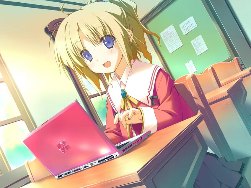 Hello, anime, smile, blushing, computer, school uniform, school girl HD wallpaper