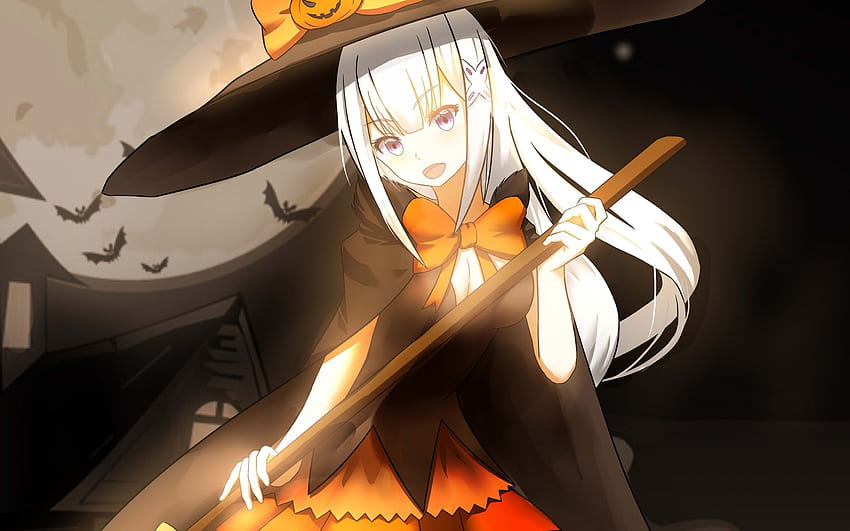 Re: Zero, Emilia, Halloween 2016, Cape, Halloween Witch On Broom HD wallpaper