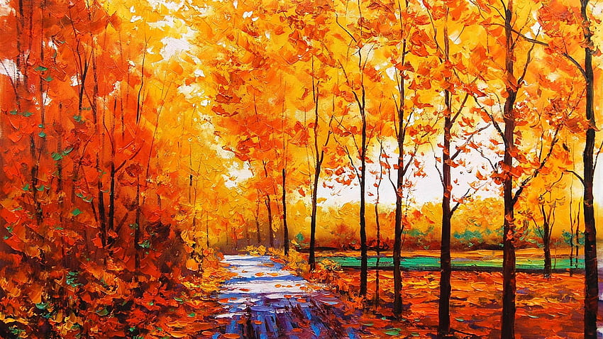 Art watercolor, autumn red maple forest with forest path - . Manzara resimleri, Sonbahar ağaçları, Suluboya sanatı, Autumn Painting HD wallpaper