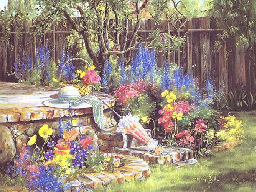 A Gardener's Paradise, plants, steps, parisol, grass, patio, fence, stone, trees, flowers, scarf, hat HD wallpaper