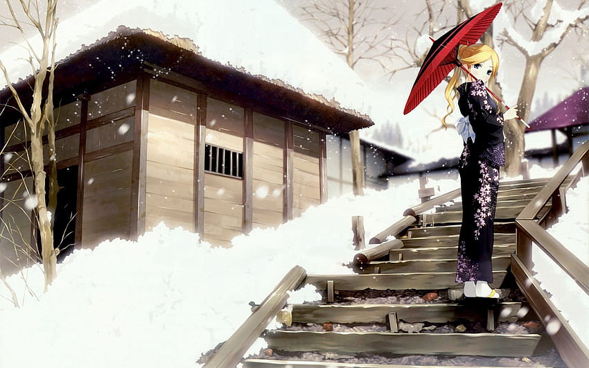 Anime, Inverno, Passeggiata, Kimono, Animeshka, Geisha Sfondo HD