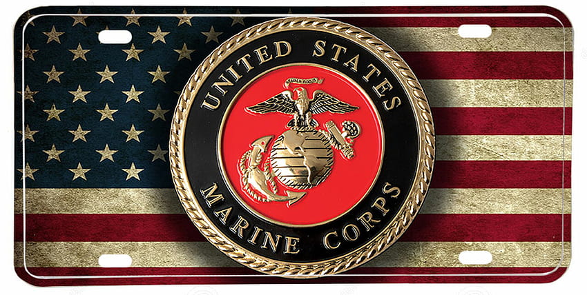 Placa de matrícula con emblema del Cuerpo de Marines de EE. UU. de la bandera estadounidense envejecida, logotipo marino fondo de pantalla
