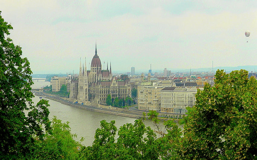 ブダペスト、川、建物、霧、木、霧 高画質の壁紙