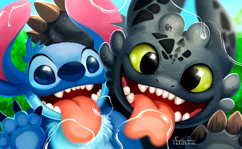 Kawaii Alien Cartoon Crossover Stitch Cute - Stitch Toothless - HD wallpaper